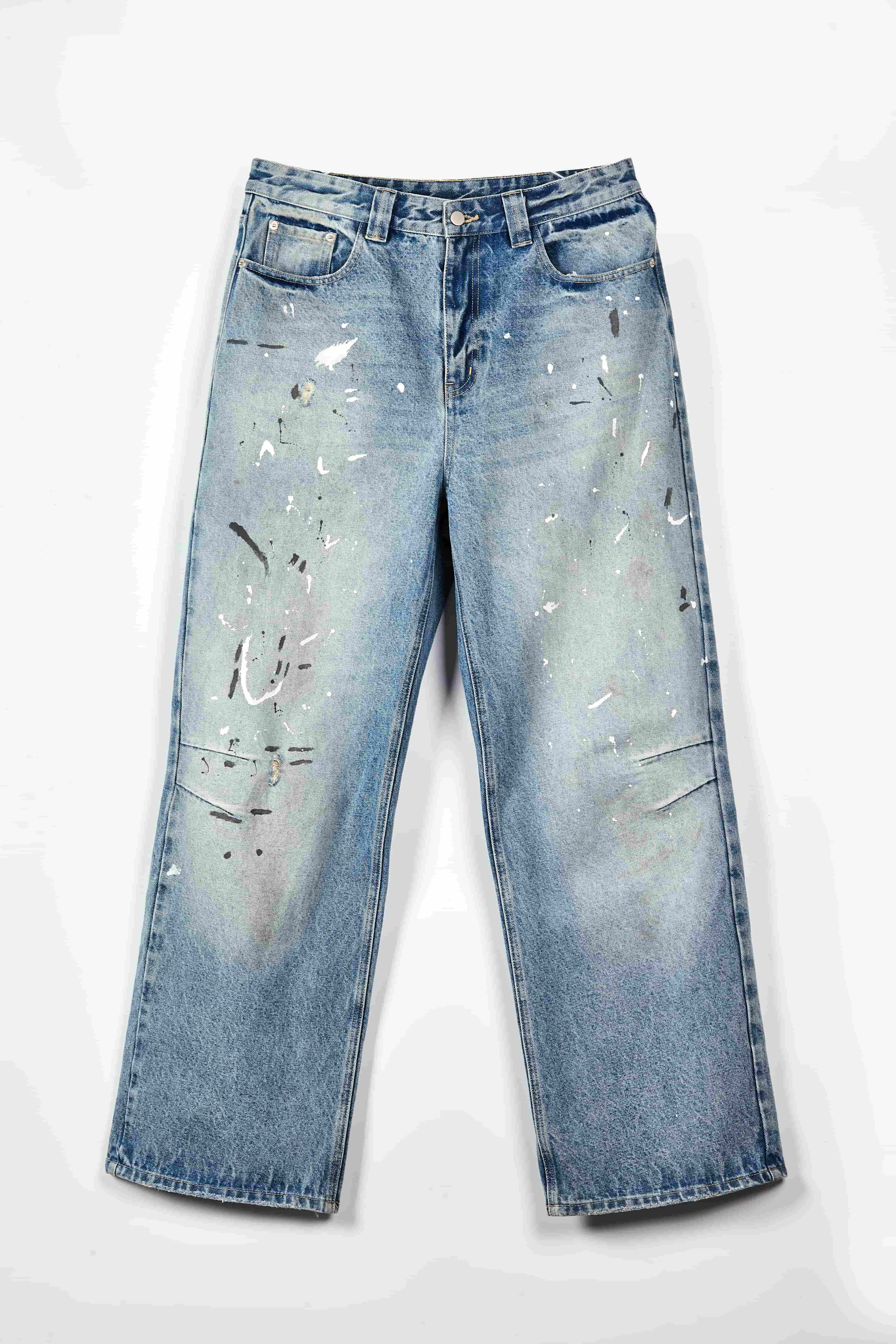 Light Wash Baggy Jeans - Paint Splatter Streetwear Denim Pants